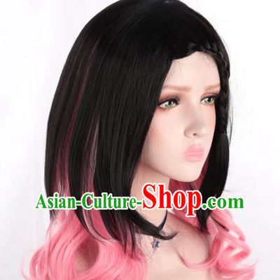 Lolita Girls Fake Hair Black Mixed Pink Side Braids Cos Daily Wig