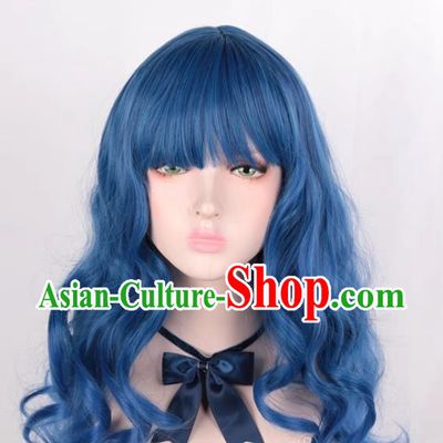 Mixed Blue Air Bangs Long Curly Hair European And American Medium Length Cosplay Party Big Wave Wig
