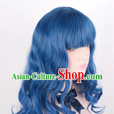 Mixed Blue Air Bangs Long Curly Hair European And American Medium Length Cosplay Party Big Wave Wig