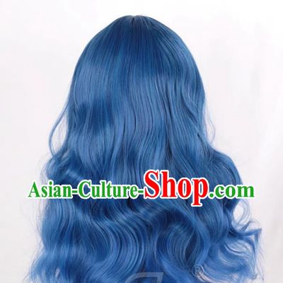 Mixed Blue Air Bangs Long Curly Hair European And American Medium Length Cosplay Party Big Wave Wig