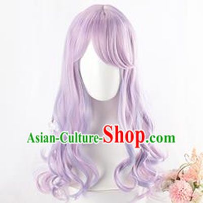 Lolita Harajuku Female Big Wavy Long Curly Hair Mixed Purple Lolita Wig Cute Jk Girl Fake Hair