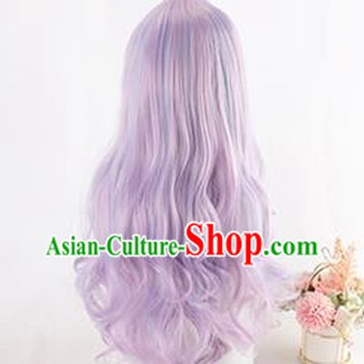 Lolita Harajuku Female Big Wavy Long Curly Hair Mixed Purple Lolita Wig Cute Jk Girl Fake Hair