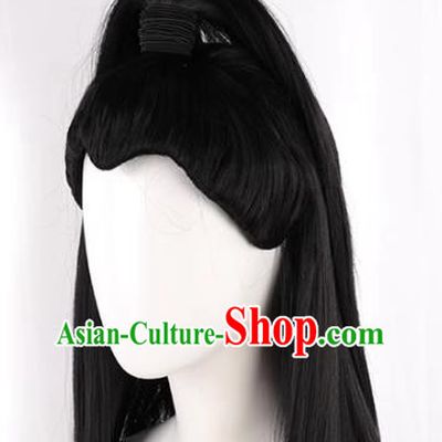 Customized Ancient Costume White Eyebrow Hero High Ponytail Black Straight Hair Male Hero Cosplay Stage Play Wig