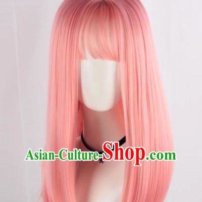 Long Straight Hair Soft Girl Lolita Pink Collarbone Hair Loli Lolita Wig Cos Fake Hair