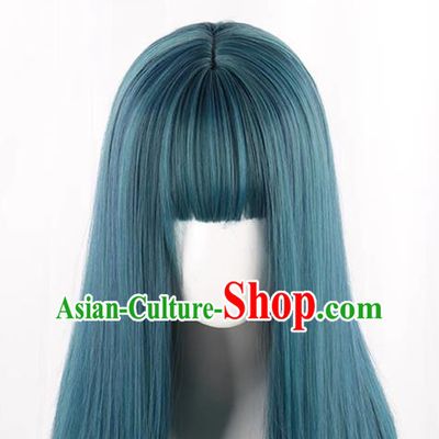 Wig For Women With Medium Long Straight Hair Fashionable Mixed Blue Clavicle Hair Full Headband Inner Buckle At The End Trendy Short Straight Hair