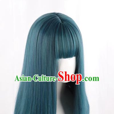 Wig For Women With Medium Long Straight Hair Fashionable Mixed Blue Clavicle Hair Full Headband Inner Buckle At The End Trendy Short Straight Hair