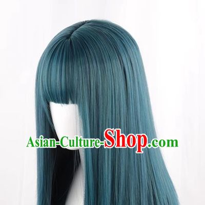 Wig For Women With Medium Long Straight Hair Fashionable Mixed Blue Clavicle Hair Full Headband Inner Buckle At The End Trendy Short Straight Hair