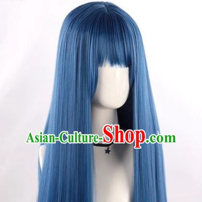 Cheng Xiao's Same Style Blue Long Straight Hair Soft Girl Internet Celebrity Girl Forest Style Lolita Fake Hair Full Wig