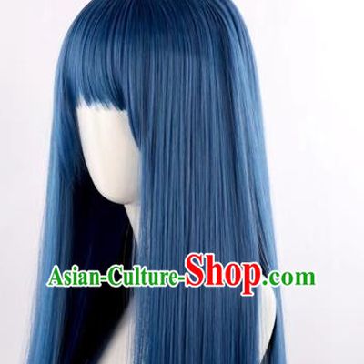 Cheng Xiao's Same Style Blue Long Straight Hair Soft Girl Internet Celebrity Girl Forest Style Lolita Fake Hair Full Wig
