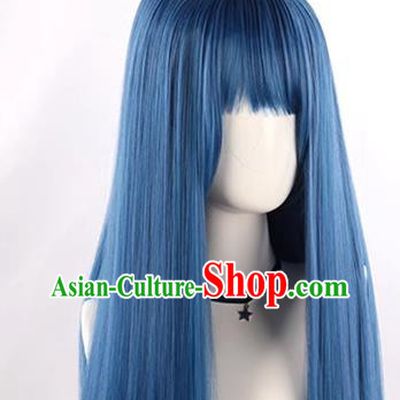 Cheng Xiao's Same Style Blue Long Straight Hair Soft Girl Internet Celebrity Girl Forest Style Lolita Fake Hair Full Wig