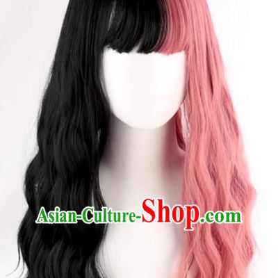 Double Color Black Pink Lolita Girl With Full Bangs Corn Perm Slightly Curly Long Hair Full Wig