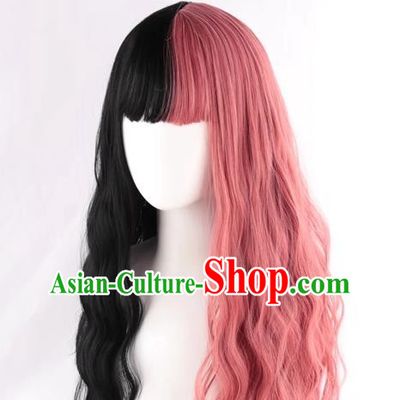 Double Color Black Pink Lolita Girl With Full Bangs Corn Perm Slightly Curly Long Hair Full Wig
