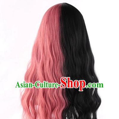 Double Color Black Pink Lolita Girl With Full Bangs Corn Perm Slightly Curly Long Hair Full Wig