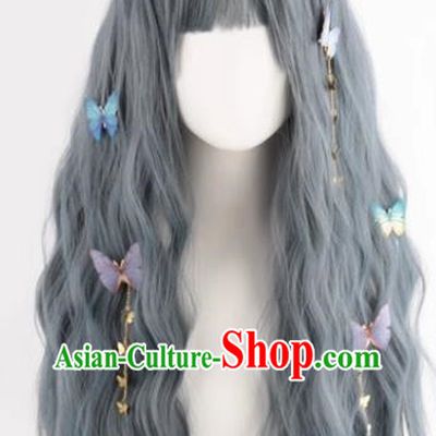 Haze Gray Blue Lo Girl Fake Hair Lolita Curly Hair Full Headset Wig Lolita Female Long Hair