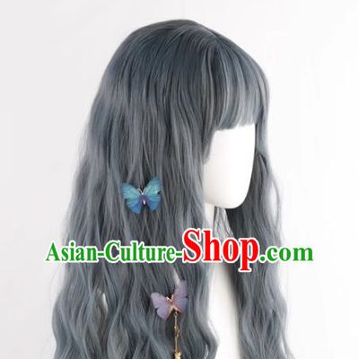 Haze Gray Blue Lo Girl Fake Hair Lolita Curly Hair Full Headset Wig Lolita Female Long Hair