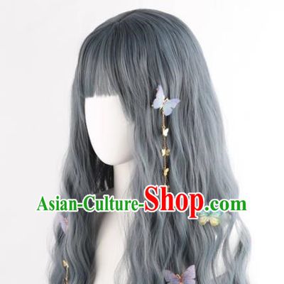Haze Gray Blue Lo Girl Fake Hair Lolita Curly Hair Full Headset Wig Lolita Female Long Hair