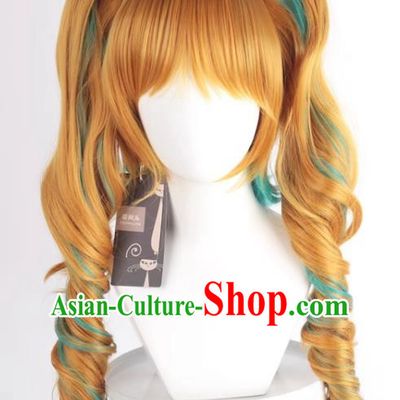 The Binder Shinzan Renzi Golden Brown Turquoise Highlighted Cos Wig Main Body Double Ponytail Long Curly Hair