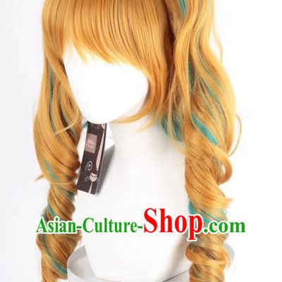 The Binder Shinzan Renzi Golden Brown Turquoise Highlighted Cos Wig Main Body Double Ponytail Long Curly Hair