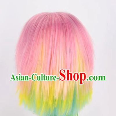 Rainbow Mixed Short Straight Hair Fluffy Women's Cosplay Short Hair Yellow Green White Gradient Wig
