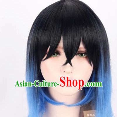 Demon Slayer Cos Mouth Flat Inosuke Pig Faced Beautiful Boy Black Gradient Blue Cos Wig