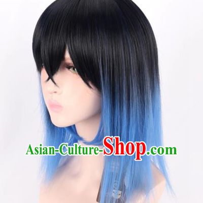 Demon Slayer Cos Mouth Flat Inosuke Pig Faced Beautiful Boy Black Gradient Blue Cos Wig