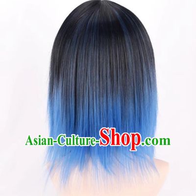 Demon Slayer Cos Mouth Flat Inosuke Pig Faced Beautiful Boy Black Gradient Blue Cos Wig