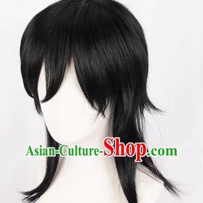 Demon Slayer Kimetsu No Yaiba Tomioka Giyu COS Style Wig Tiger Mouth Clip Black Fluffy Fake Hair