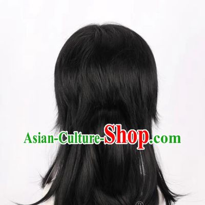 Demon Slayer Kimetsu No Yaiba Tomioka Giyu COS Style Wig Tiger Mouth Clip Black Fluffy Fake Hair