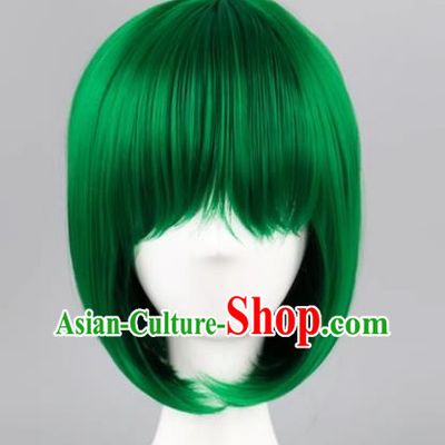 High Temperature Silk Cos Straight Hair Wig With Bangs Dark Green BOBO Head Student Head Sweet Girl Short Hair