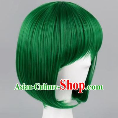 High Temperature Silk Cos Straight Hair Wig With Bangs Dark Green BOBO Head Student Head Sweet Girl Short Hair