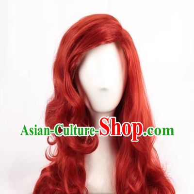 Copper Red Cosplay Full Headgear High Temperature Silk Long Curly Hair Women Bangs Upturned Cos Wig