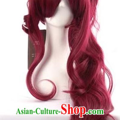 Dark Wine Red Long Curly Hair Single Ponytail Cos Wig