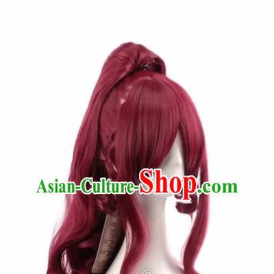 Dark Wine Red Long Curly Hair Single Ponytail Cos Wig
