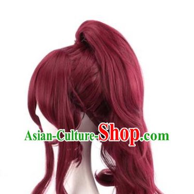 Dark Wine Red Long Curly Hair Single Ponytail Cos Wig