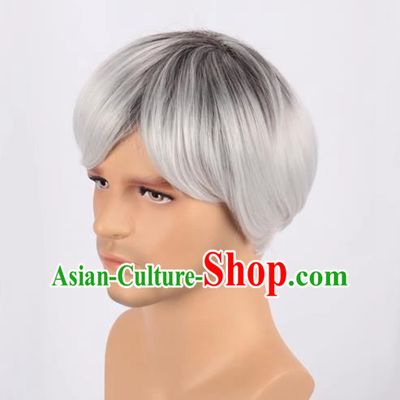 European And American Black Gradient White Men Short Hair Short Straight Hair Men Fake Hair Cos Full Wig