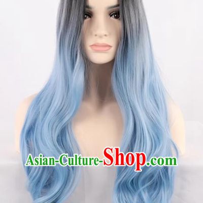 Black Gradient Ice Blue Middle Parted Women Fashion Long Curly Hair High Temperature Silk Prom Performance Full Wig