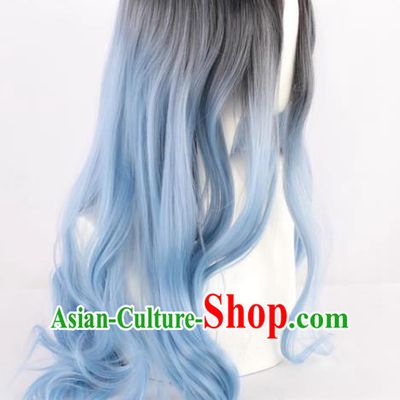 Black Gradient Ice Blue Middle Parted Women Fashion Long Curly Hair High Temperature Silk Prom Performance Full Wig
