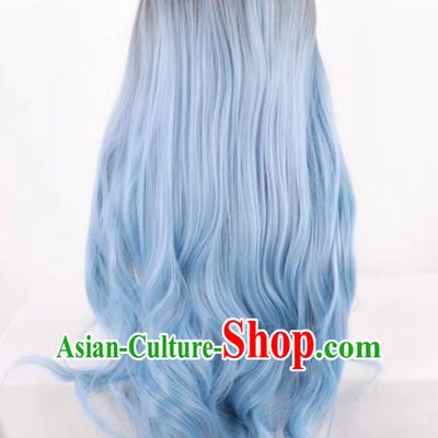 Black Gradient Ice Blue Middle Parted Women Fashion Long Curly Hair High Temperature Silk Prom Performance Full Wig