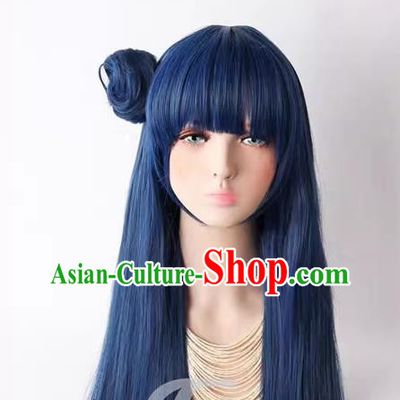 Lovelive ! Sunshine !! Yoshiko Tsushima Mixed Blue Long Straight Hair Hair Bag Cos Wig