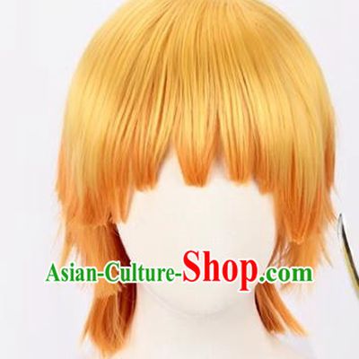 Demon Slayer Cos My Wife Zenitsu Yellow Gradient Orange Curled Short Hair Cosplay Wig