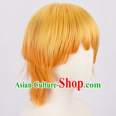 Demon Slayer Cos My Wife Zenitsu Yellow Gradient Orange Curled Short Hair Cosplay Wig