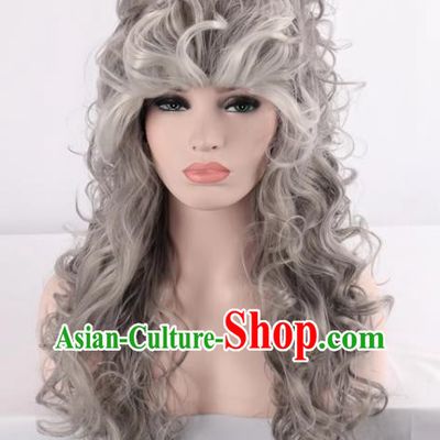 European And American Palace High Hat Style Mixed Gray Ladies Full Fake Hair Long Curly Hair Cosplay Wig
