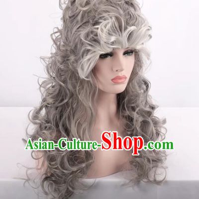 European And American Palace High Hat Style Mixed Gray Ladies Full Fake Hair Long Curly Hair Cosplay Wig