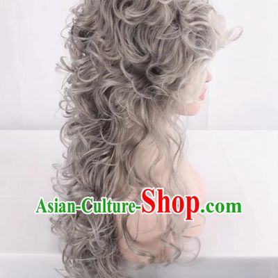 European And American Palace High Hat Style Mixed Gray Ladies Full Fake Hair Long Curly Hair Cosplay Wig
