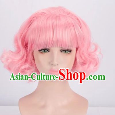 European And American Light Pink Short Curly Hair With Bangs And Full Headband For Women With Fake Hair Cos Wig