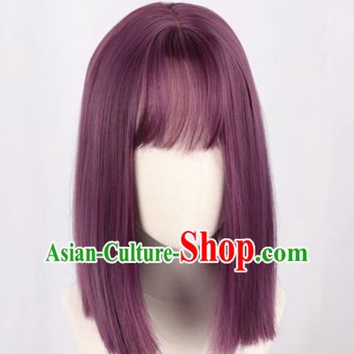 Purple Female Medium Length Straight Clavicle Hair Nakamura Yuri Angel Beats Full Cos Wig