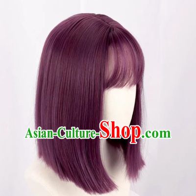 Purple Female Medium Length Straight Clavicle Hair Nakamura Yuri Angel Beats Full Cos Wig