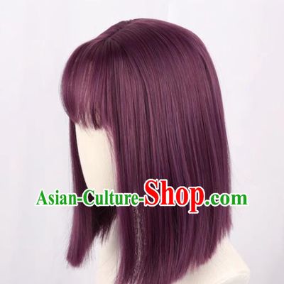 Purple Female Medium Length Straight Clavicle Hair Nakamura Yuri Angel Beats Full Cos Wig