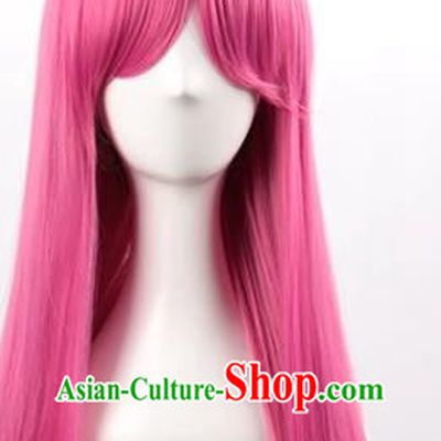 Rose Red 80CM Long Straight Hair With Oblique Bangs And High Temperature Silk Women Nightclub Fake Hair Cosplay Wig