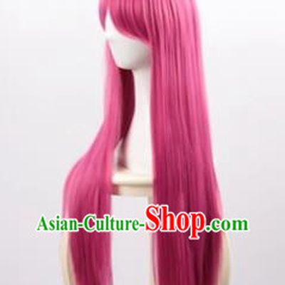 Rose Red 80CM Long Straight Hair With Oblique Bangs And High Temperature Silk Women Nightclub Fake Hair Cosplay Wig